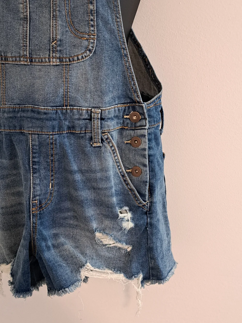 No Boundaries Distressed Blue Denim Short Overalls Juniors 7/9 - Picture 5 of 11